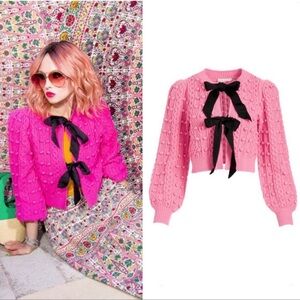 Alice + Olivia Pink Cardigan with Black Bow